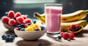 Creatine powder in a scoop, next to a glass of water and a bowl of colorful fruits (berries, banana slices). In the background, subtly blurred, a gym setting with weights and equipment. Focus on cleanliness, health, and energy. Soft, natural lighting. No visible people.